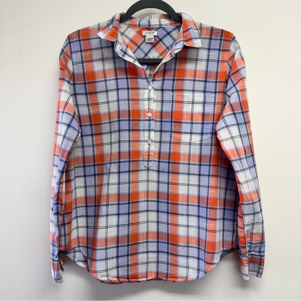 J. Crew Women's Checkered Button Down Shirt - Orange and Blue